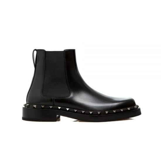 Valentino Garavani Black Leather Ankle Boots With Pyramid Stud Accents