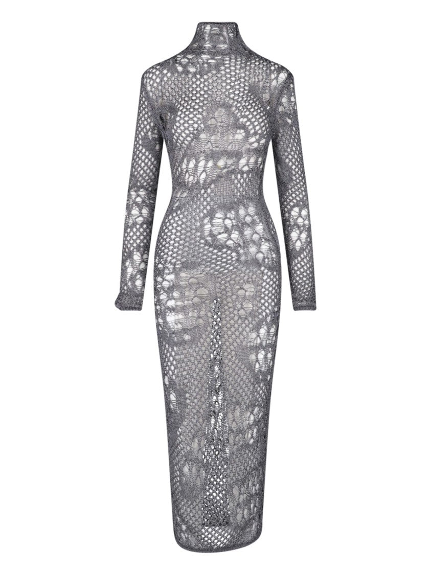 Dondup Grey Cotton Knit Turtleneck Maxi Dress