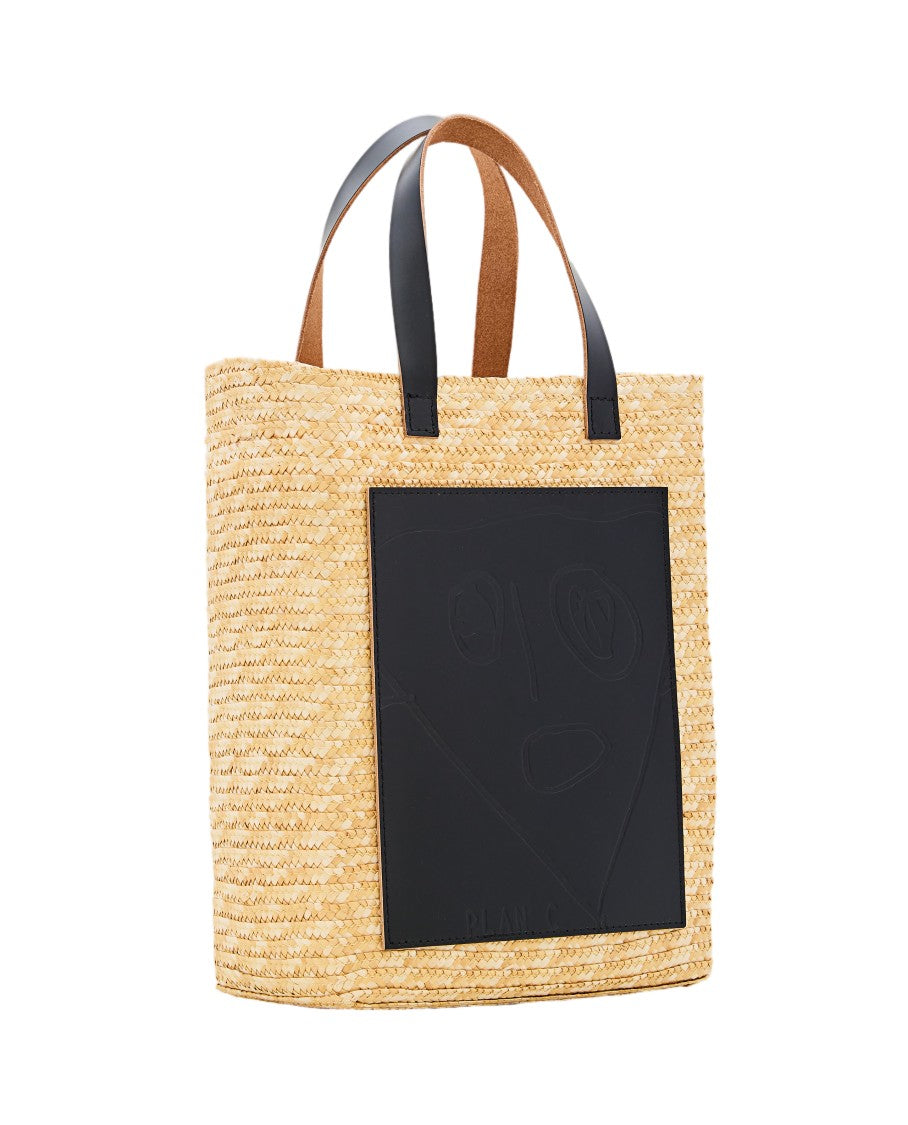 Plan C Woven Straw Medium Shopper Bag With Adjustable Strap And Abstract Design