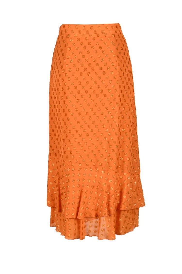 L Autre Chose Orange Midi Skirt With Asymmetrical Ruffle