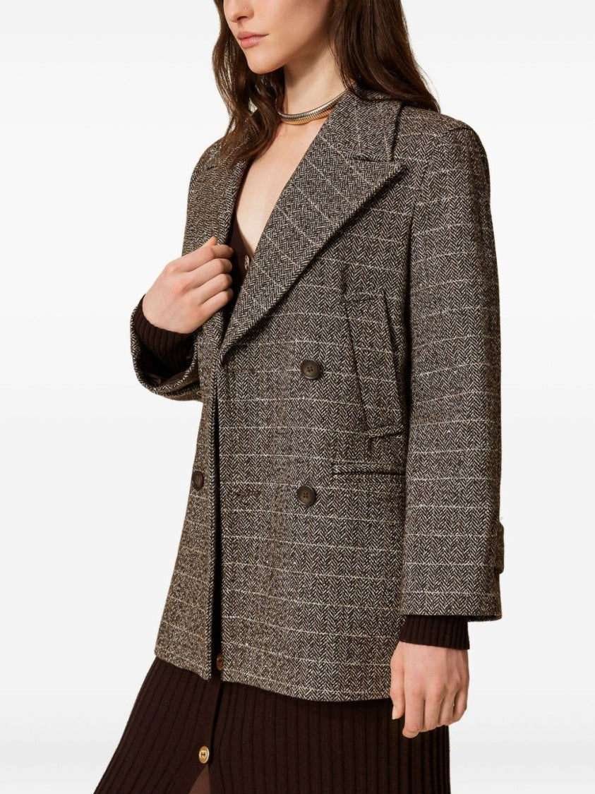 Twin-Set Brown Herringbone Short Coat With Gold Accents