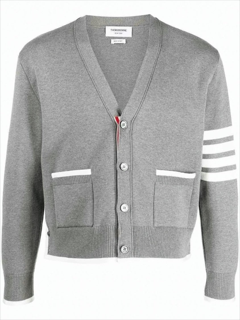 Thom Browne Cropped Grey Cardigan With V-Neckline And Signature Stripes