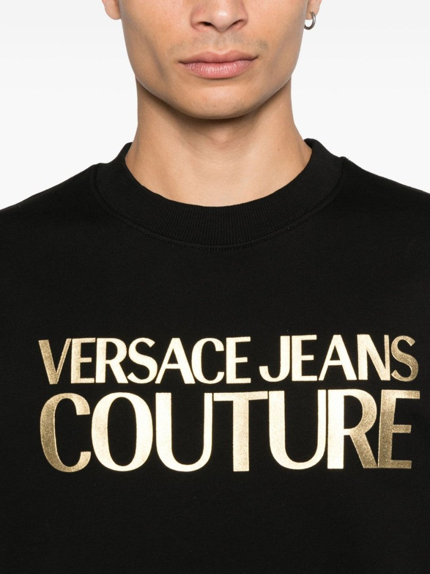 Versace Jeans Couture Black Cotton Sweatshirt With Metallic Gold Logo