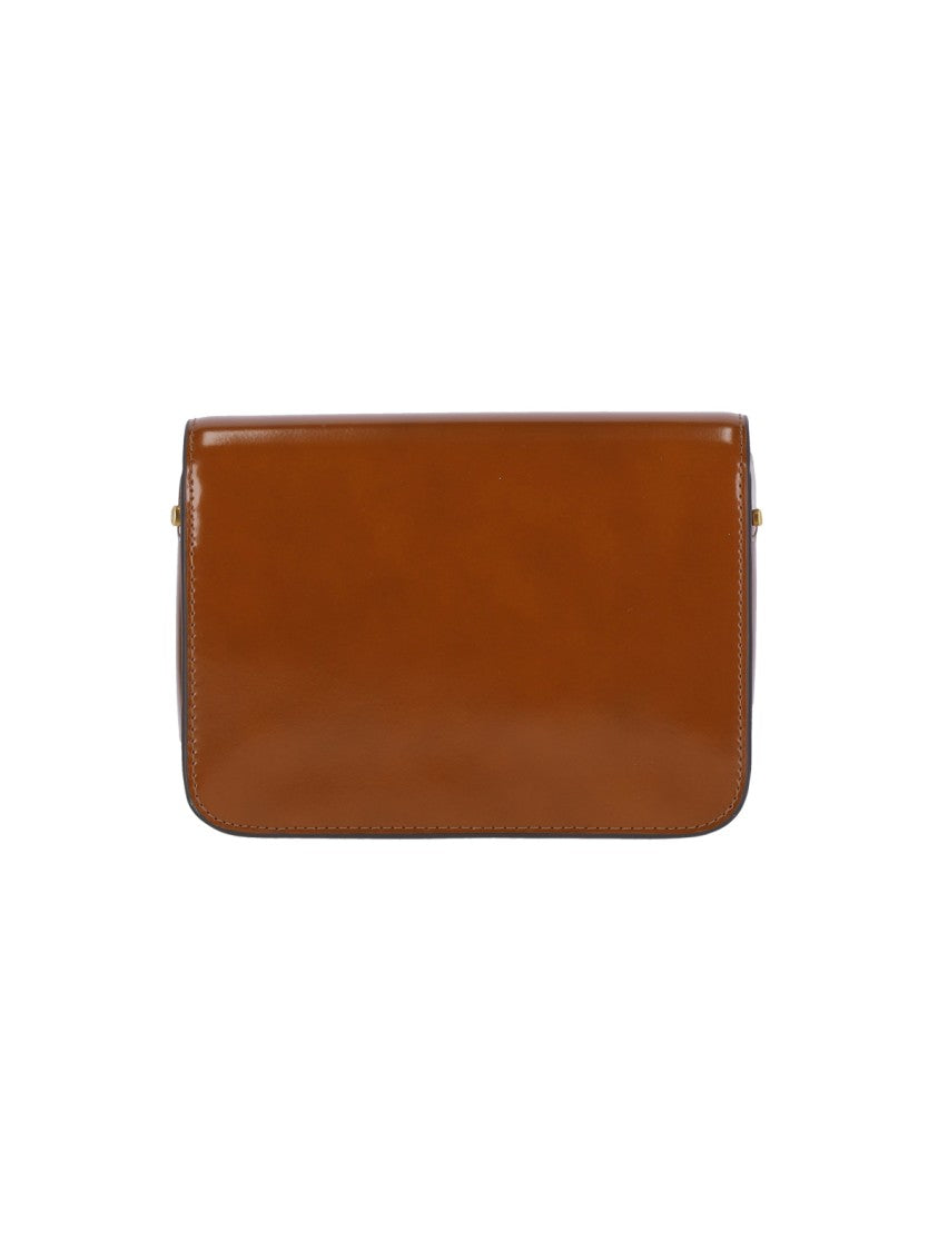 Tory Burch Glossy Brown Leather Shoulder Bag With Signature Emblem