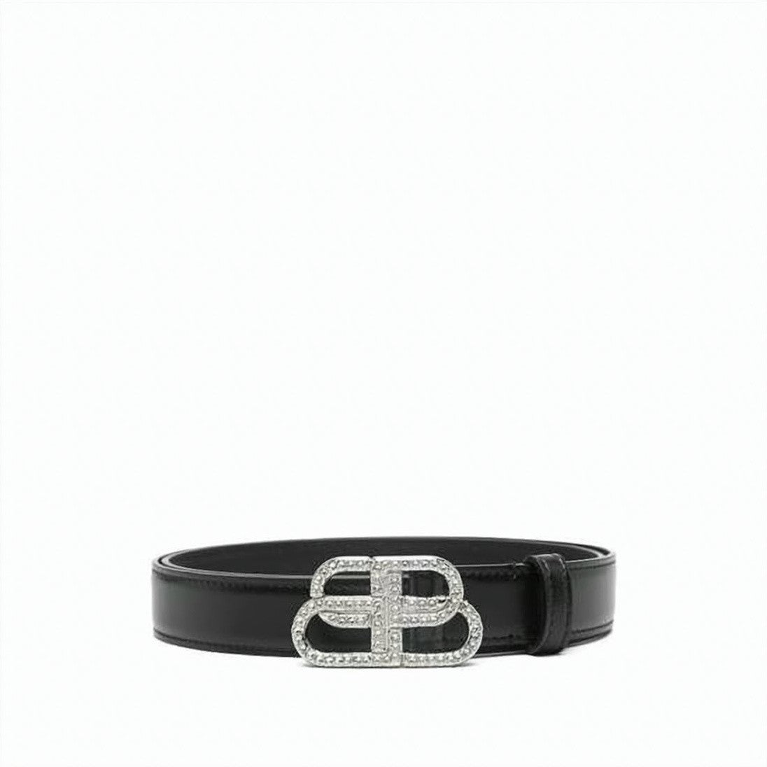Balenciaga Black Polished Leather Crystal Buckle Belt