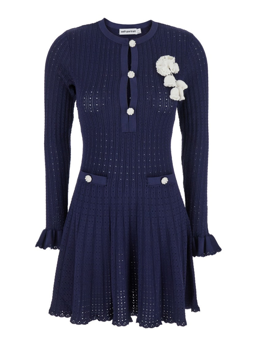 Self-Portrait Navy Pointelle Knit Crochet Flower Mini Dress