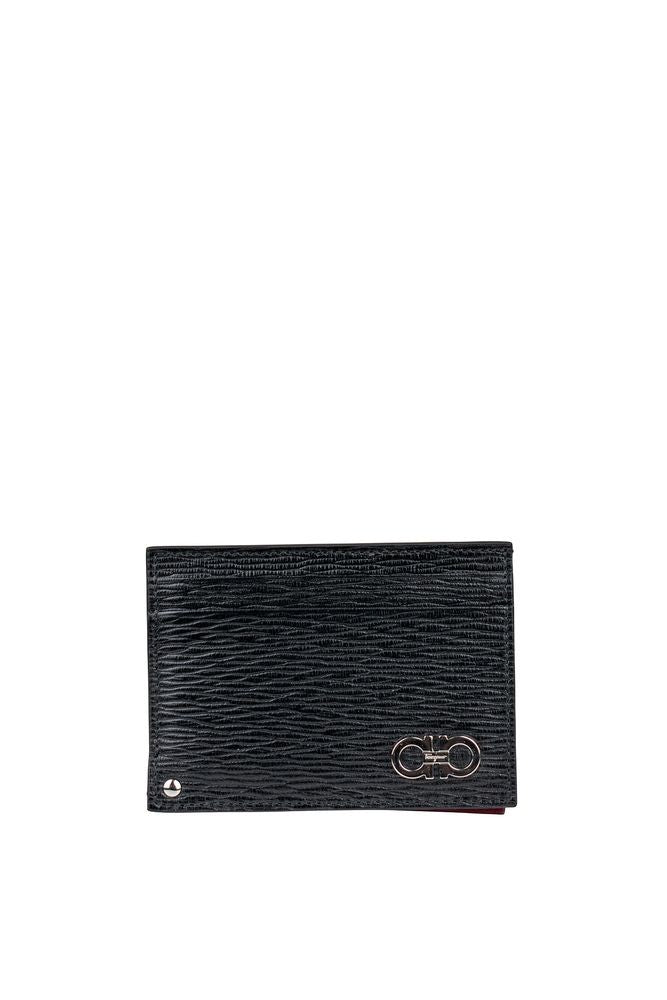 Salvatore Ferragamo Textured Black Leather Wallet With Red Interior