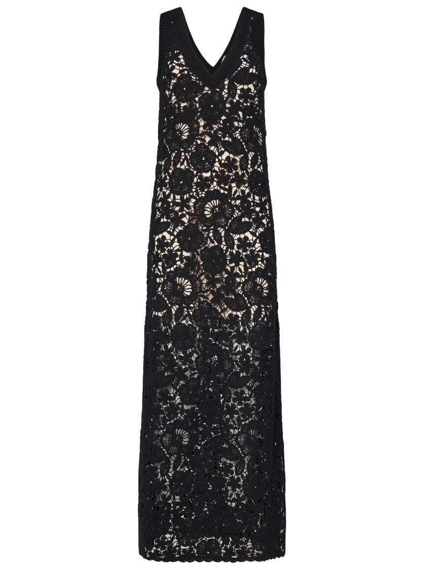 Parosh Long Black Cotton Crochet Lace Dress With V-Neckline