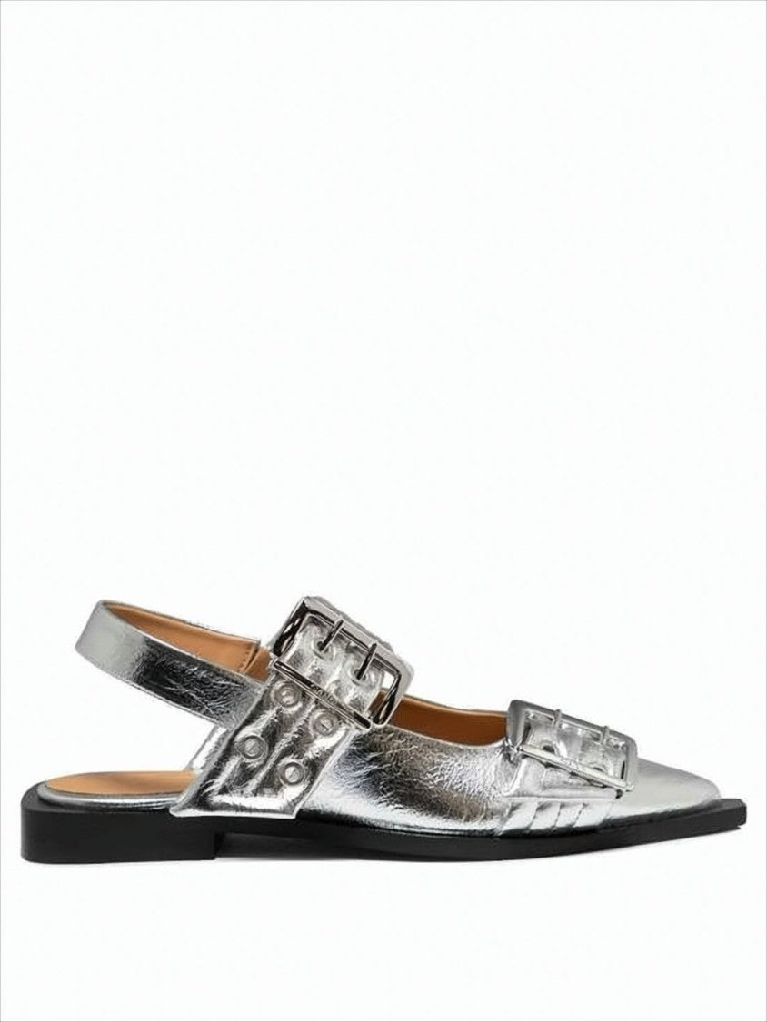 Ganni Pointed Toe Flats With Buckle Detail And Metallic Finish