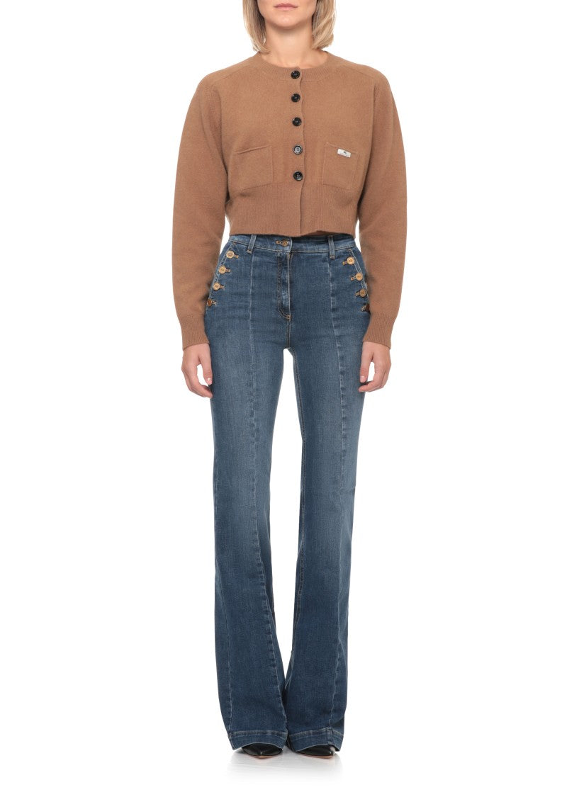 Elisabetta Franchi Brown Cropped Lacquered Buttons Wool Cardigan