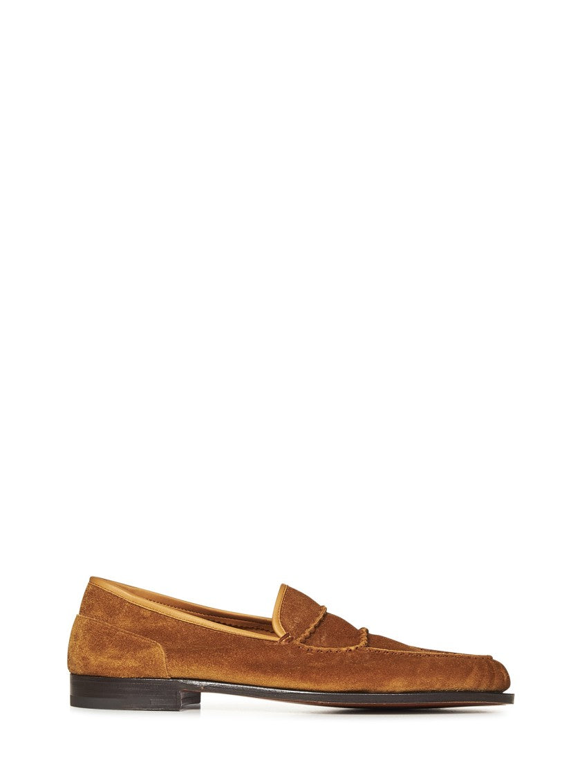 John Lobb Tobacco Suede Pace Loafers With Almond Toe And Stacked Heel