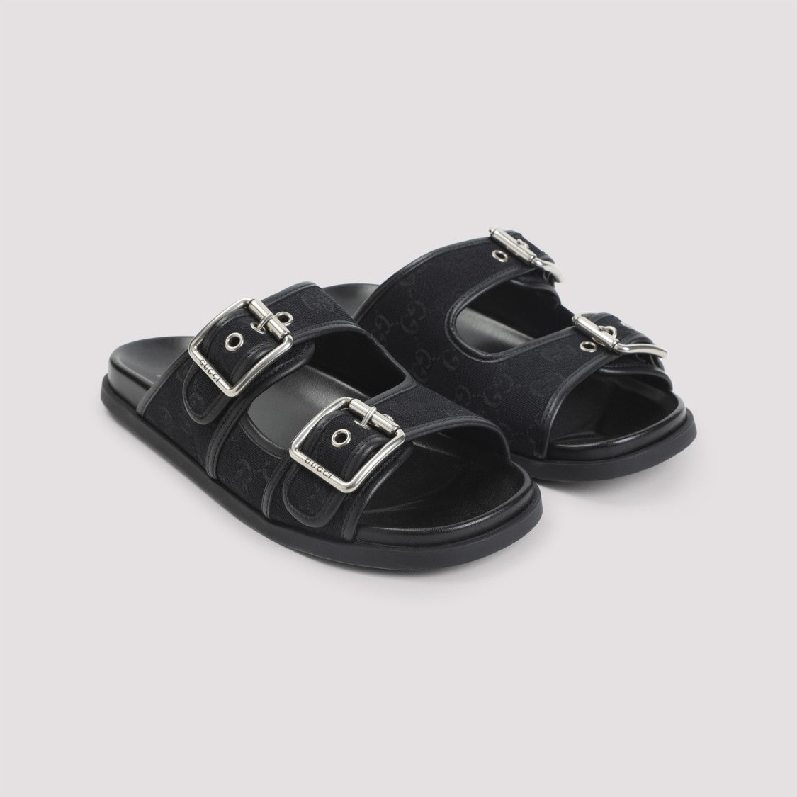 Gucci Two-Strap Black Sandals With Adjustable Silver Buckles