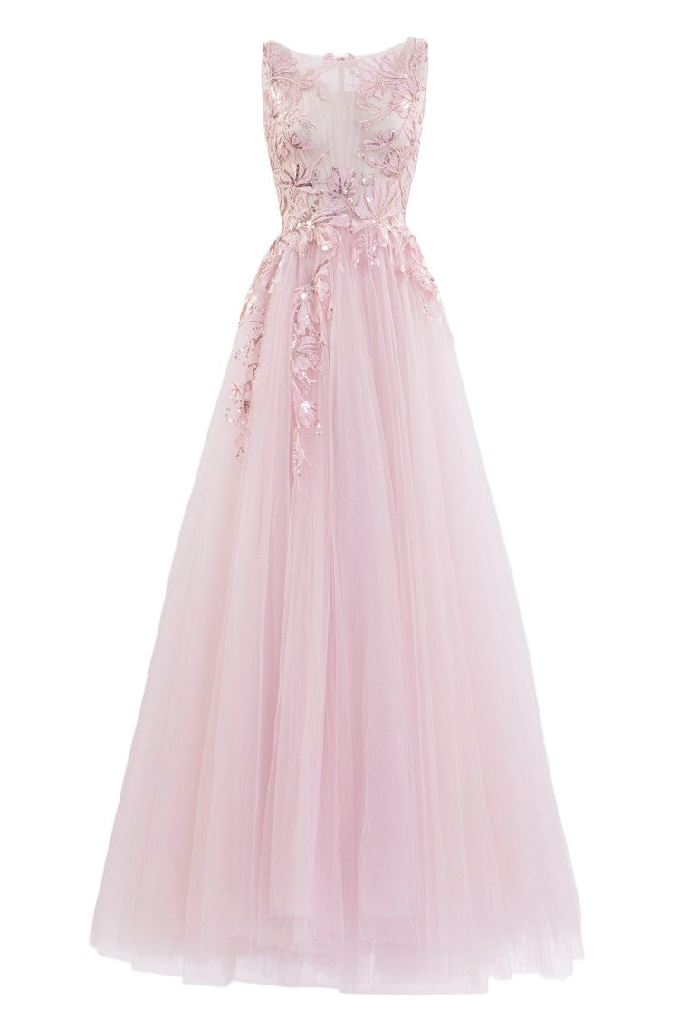 Saiid Kobeisy Dandelion-Embroidered Tulle Evening Dress