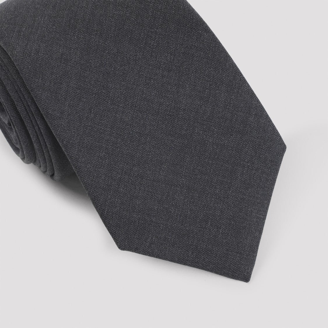 Kiton Solid Dark Grey Wool Necktie With Pointed Tip
