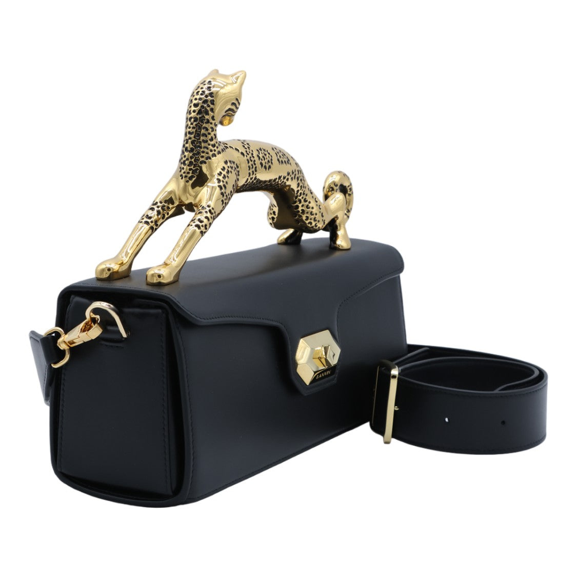 Lanvin Rectangular Black Bag With Leopard Handle And Gold Accents
