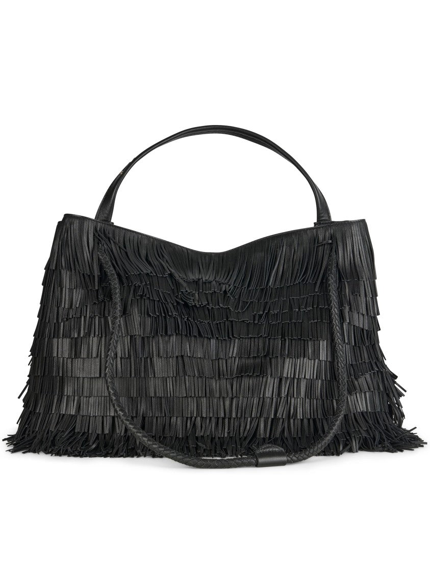 Visona` Fringe-Detail Black Handbag With Braided Strap