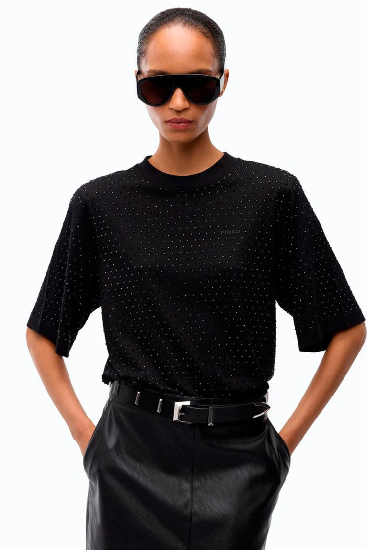 Pinko Black Cotton Studded T-Shirt