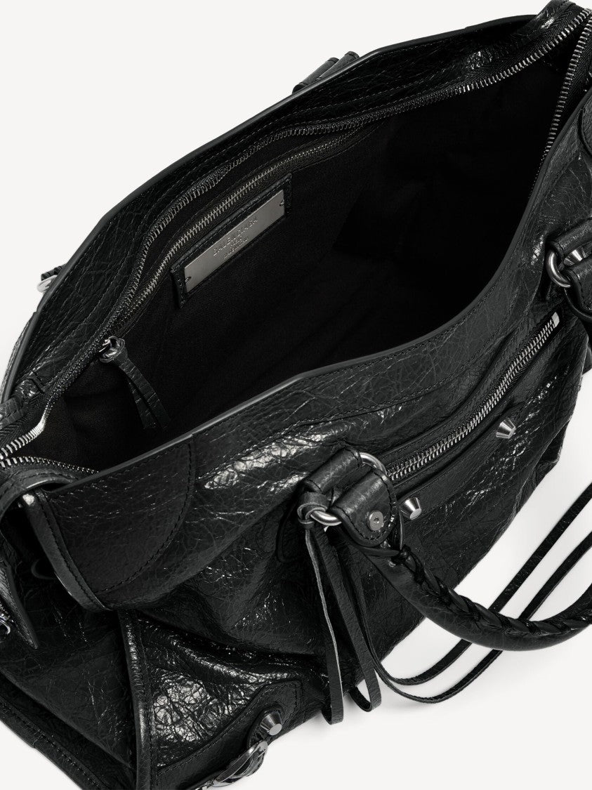 Balenciaga Textured Black Leather Shoulder Bag With Decorative Studs And Tassels