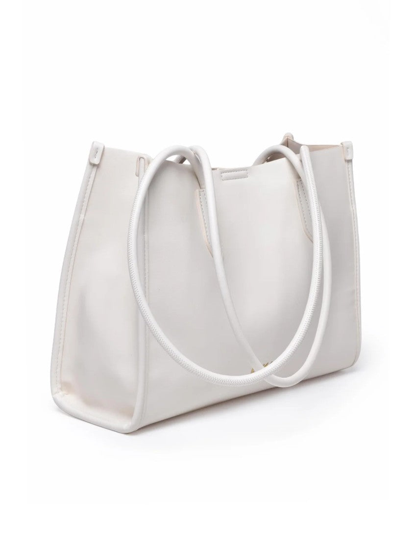 Ermanno Firenze Compact White Tote Bag With Clip Closure And Metallic Detail