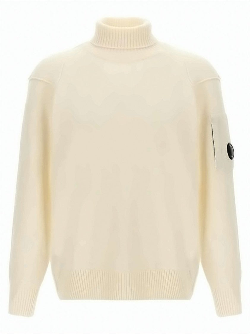 C.P. Company Cream Wool-Nylon Blend Turtleneck Sweater With Iconic Lens Detail