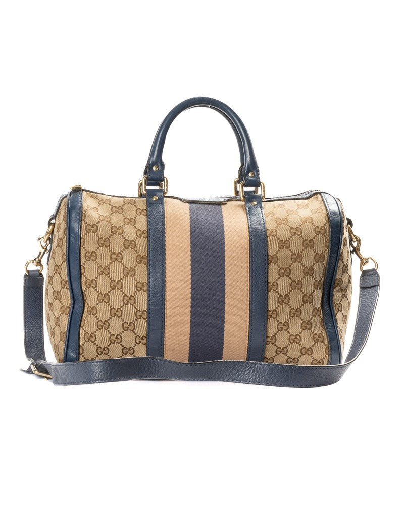 Gucci Medium Boston Bag In Gg Supreme Canvas With Blue Leather Accents