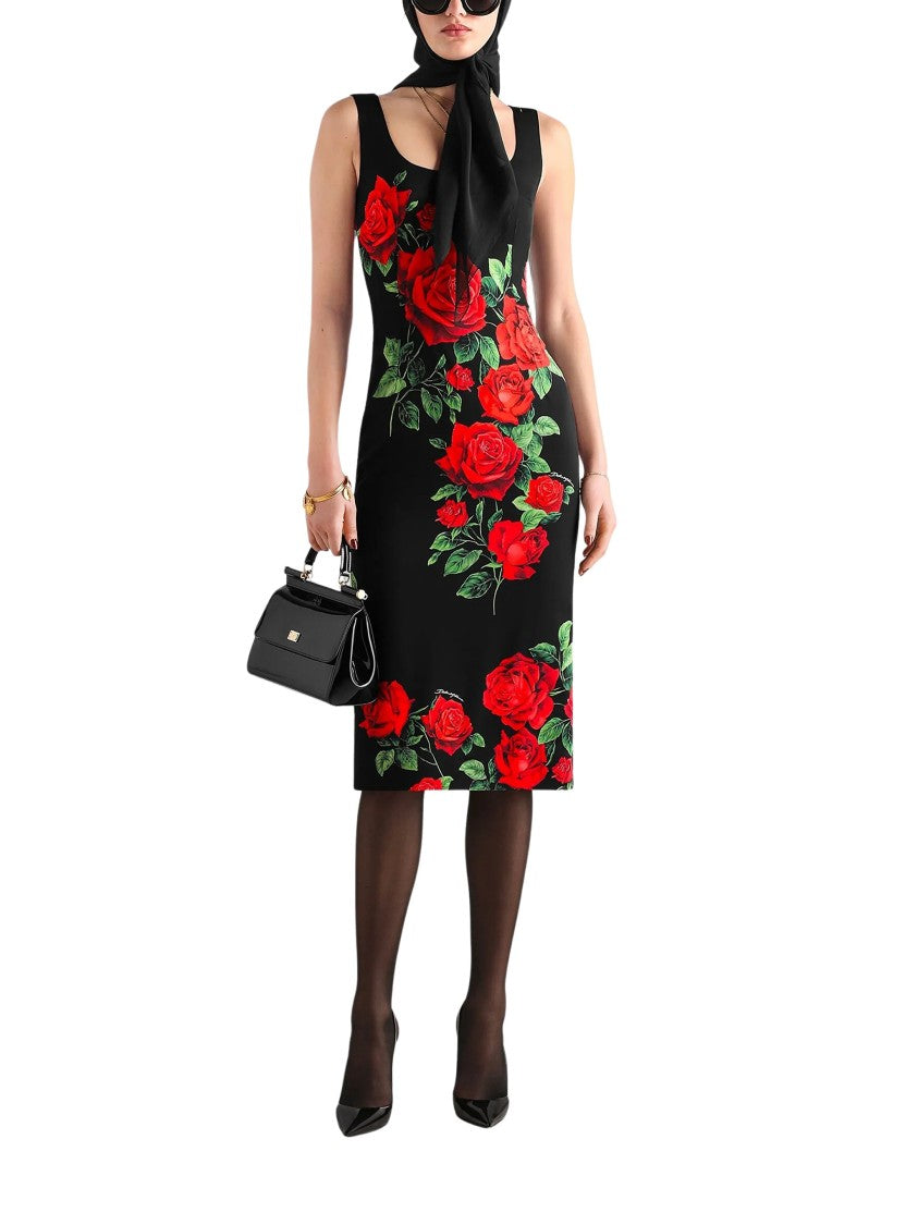 Dolce & Gabbana Black Rose Print Silk Midi Dress