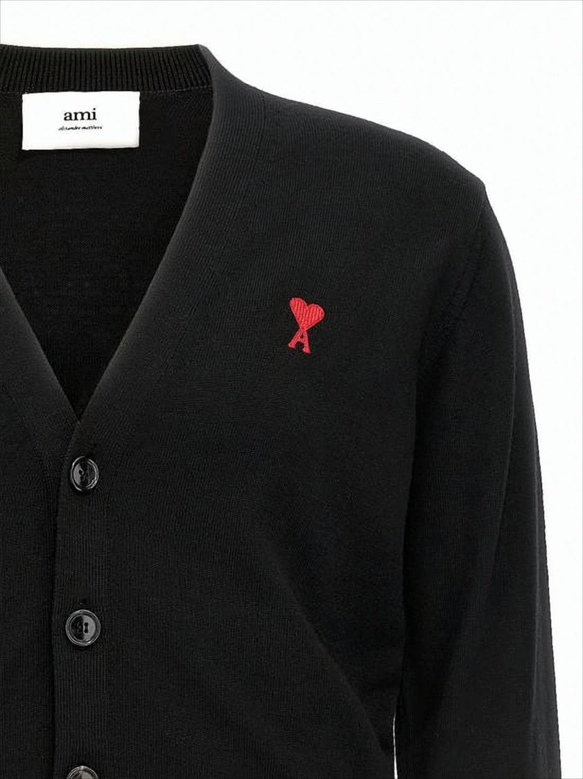 Ami Paris Classic V-Neck Cardigan With Embroidered Heart Detail