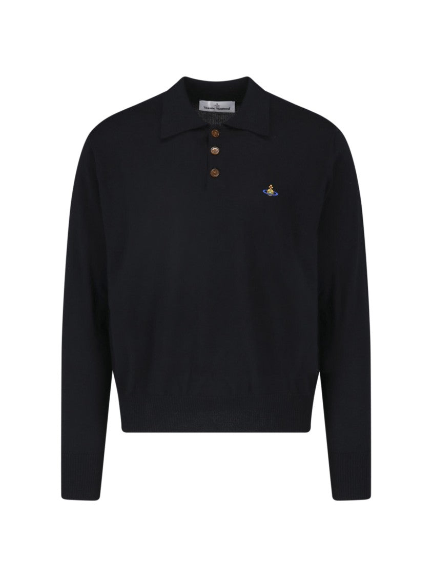 Vivienne Westwood Black Wool Polo With Classic Collar And Multicolor Logo