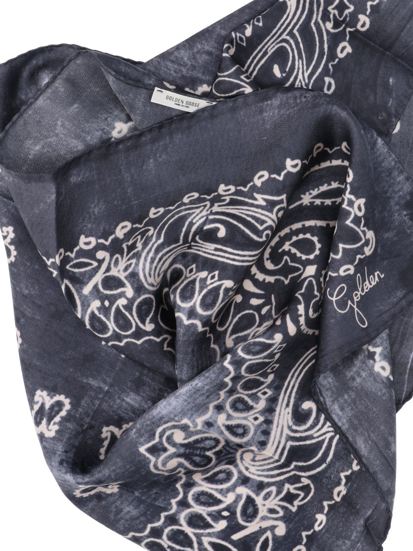 Golden Goose Gray Paisley Pattern Square Silk Scarf