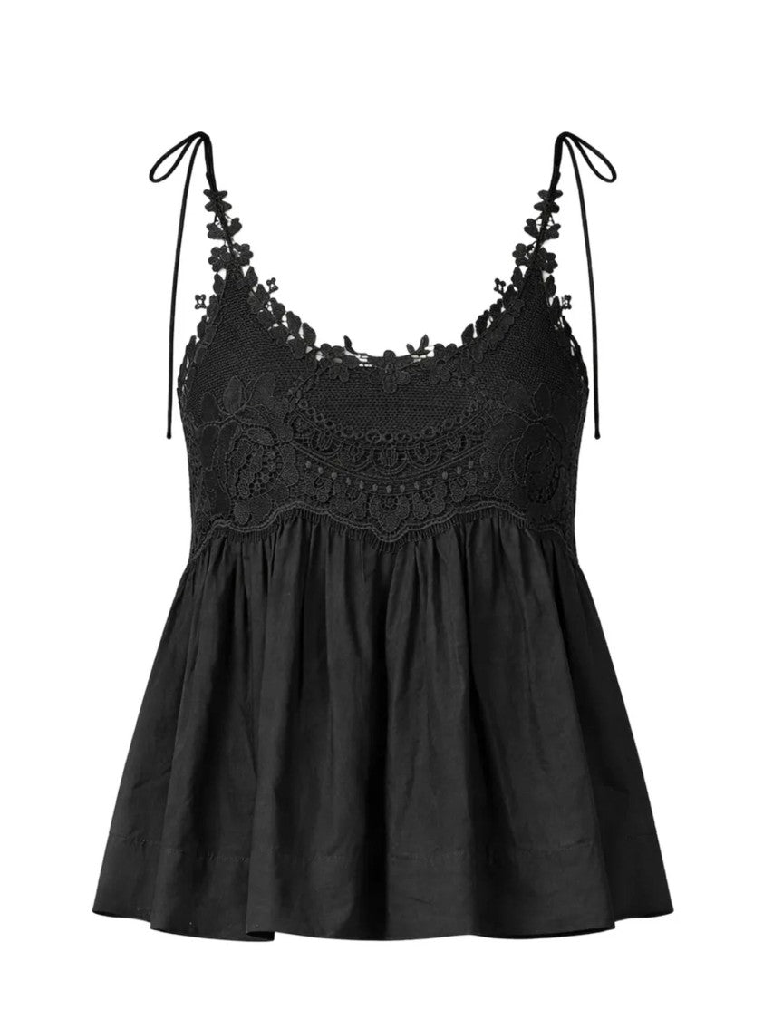 Twin-Set Sleeveless Black Top With Delicate Crochet Detailing