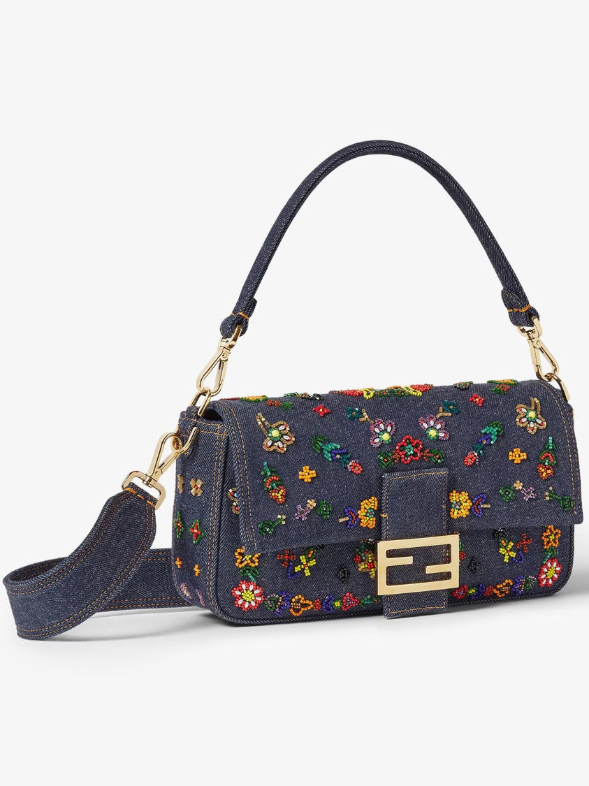 Fendi Blue Baguette Denim Ricamo Bag