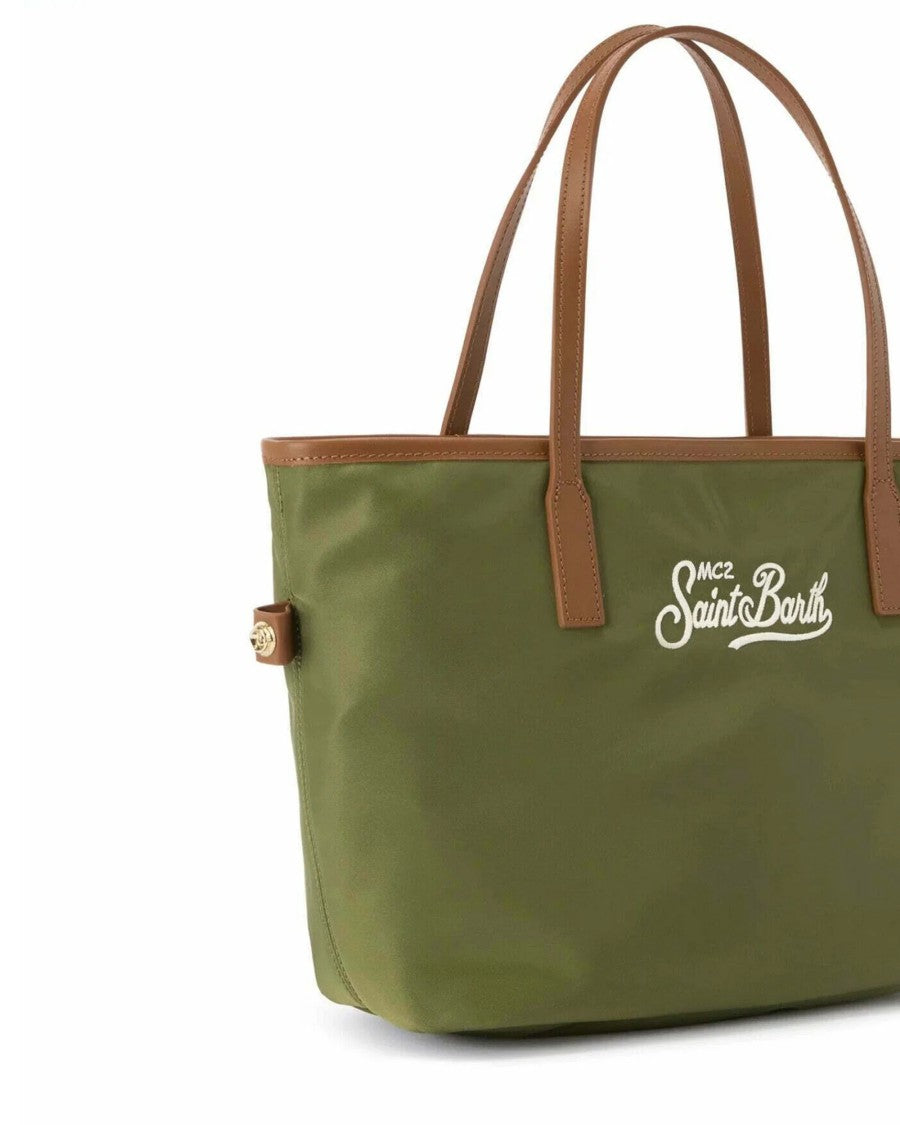 Mc2 Saint Barth Olive Green Nylon Tote Bag With Contrasting Leather Handles