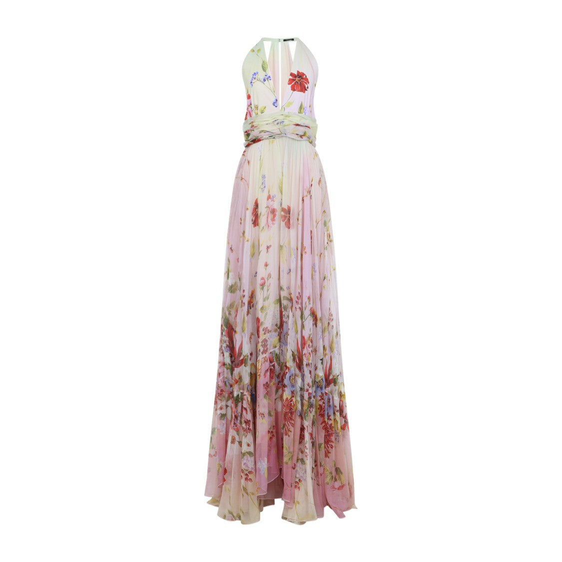 Roberto Cavalli Silk Maxi Dress With Deep V-Neckline And Floral Print