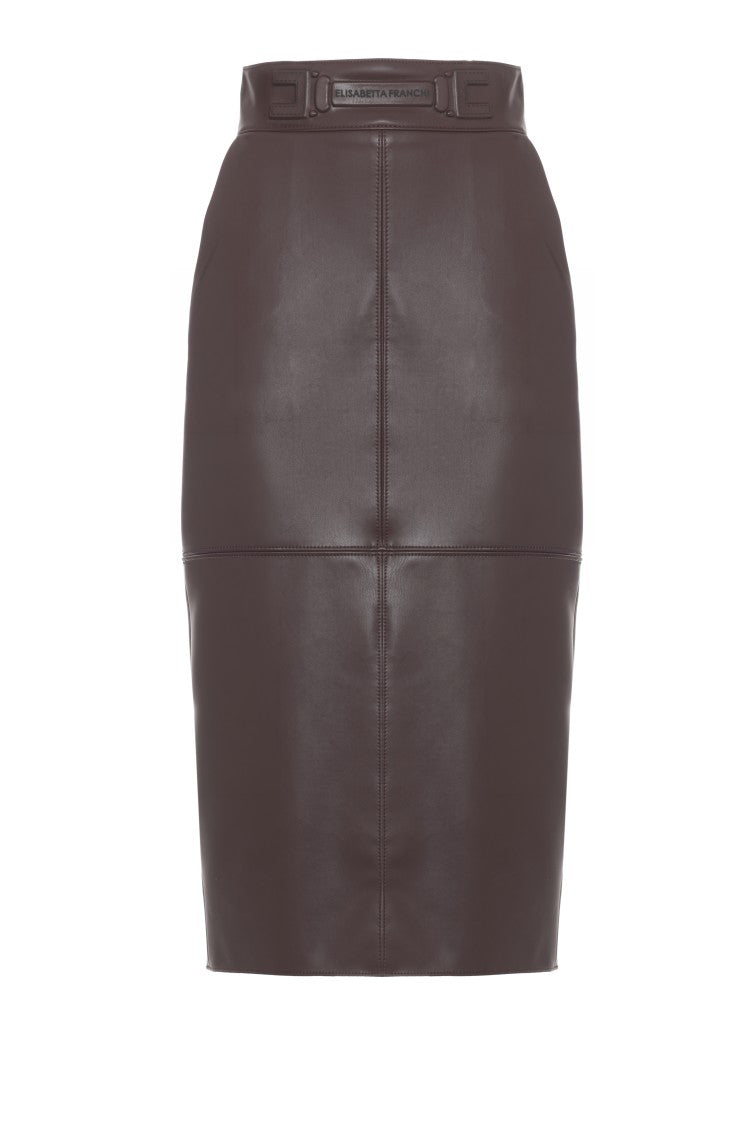 Elisabetta Franchi Fitted Brown Leather Midi Skirt With Logo Embossing
