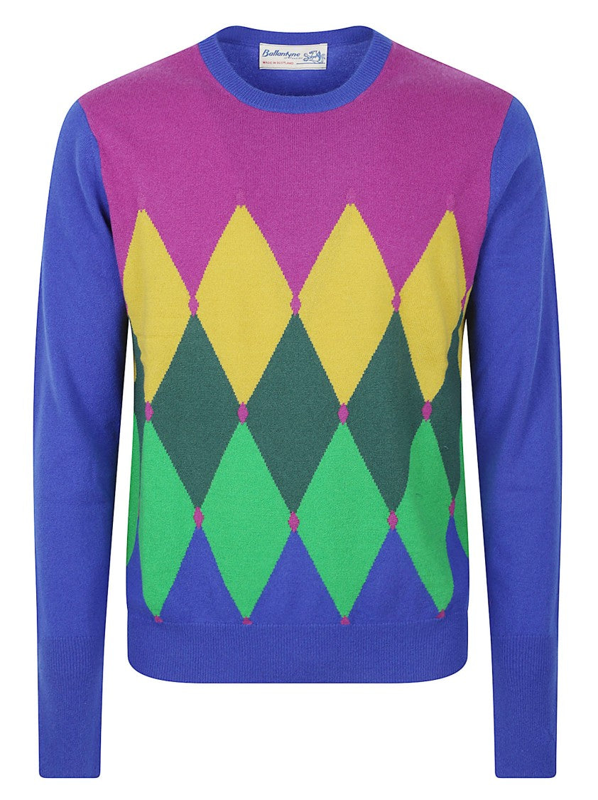 Ballantyne Argyle Pattern Knit Sweater With Contrast Sleeves