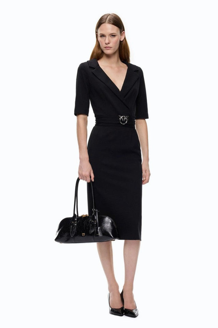 Pinko Black Viscose-Nylon Blend Buckle-Belt Wrap Dress