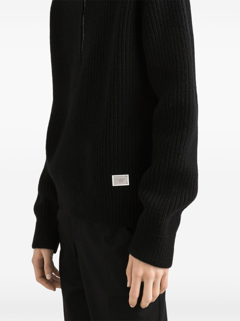 Dolce & Gabbana Black Ribbed Knit Half-Zip Wool Pullover
