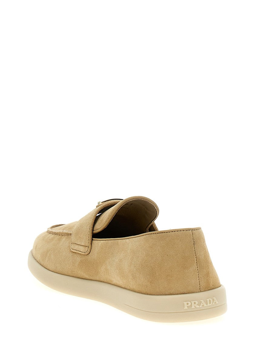 Prada Brown Suede Loafers With Enameled Metal Logo
