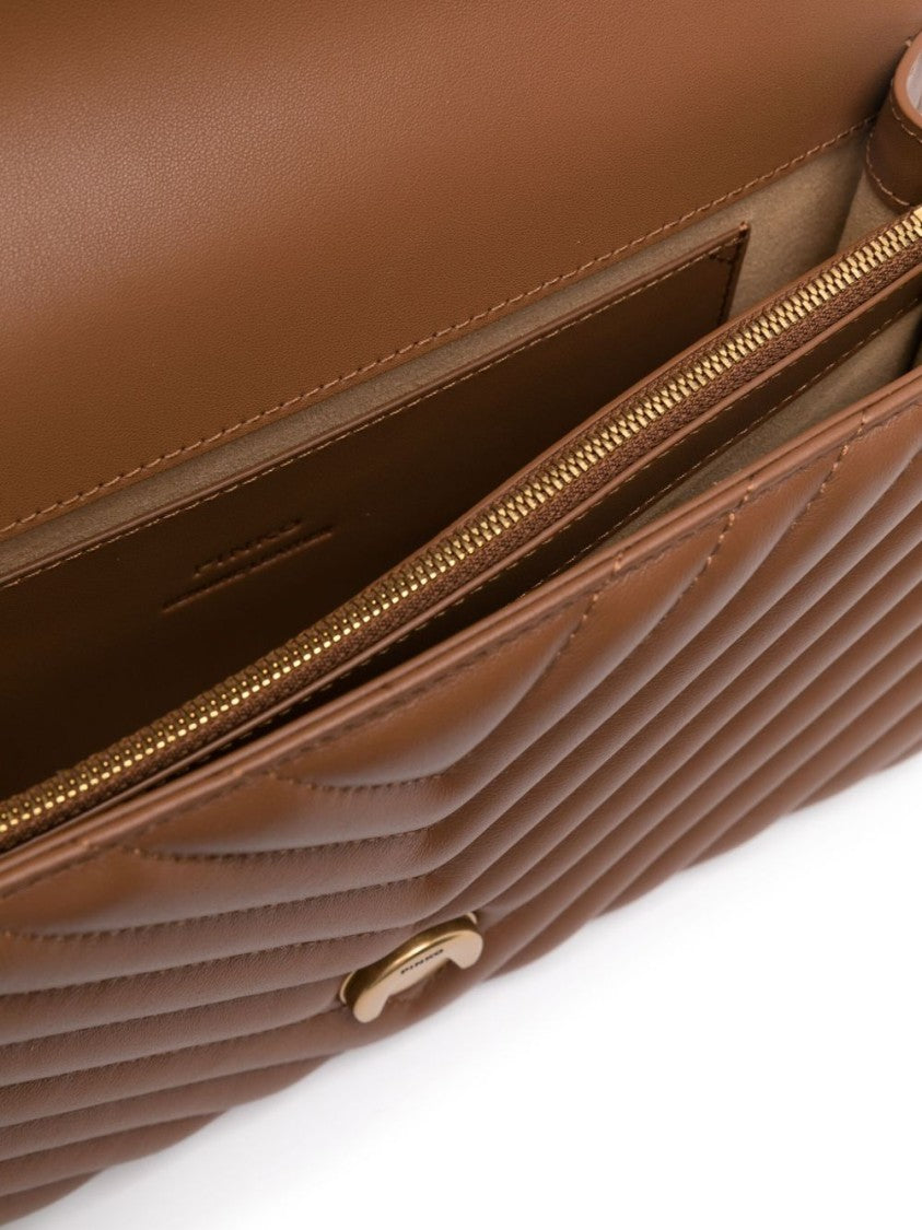 Pinko Quilted Brown Calfskin Shoulder Bag With Gold Hardware