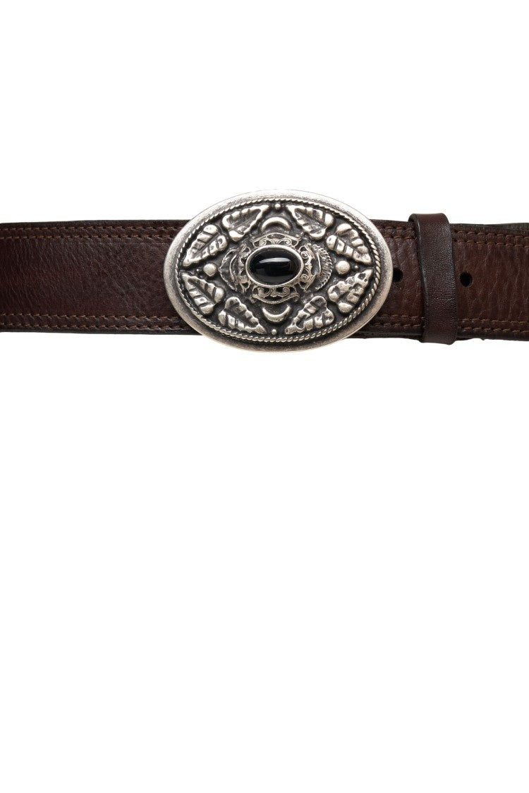 Campomaggi Hammered Leather Belt With Ornate Buckle And Decorative Stone
