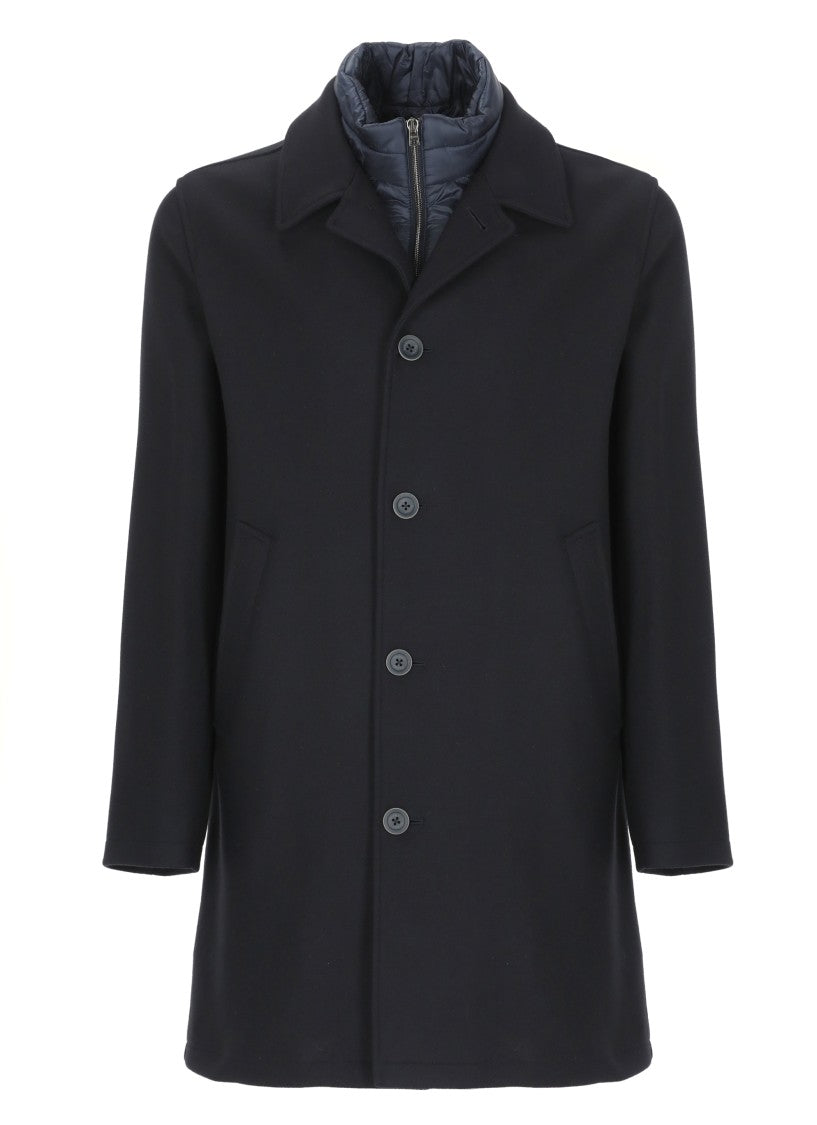 Herno Dark Blue Wool Blend Coat With Removable Lining And Classic Lapel