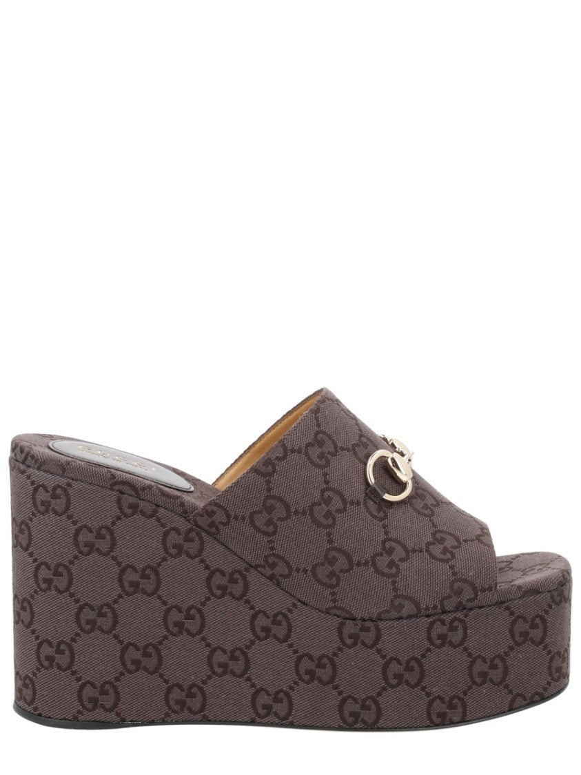 Gucci Gg Monogram Horsebit Fabric Wedge Sandals