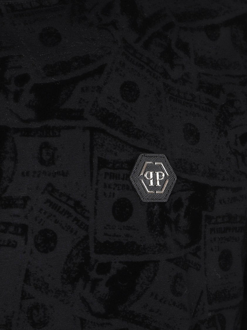 Philipp Plein Short-Sleeve T-Shirt With Tonal Currency Pattern And Hexagonal Logo