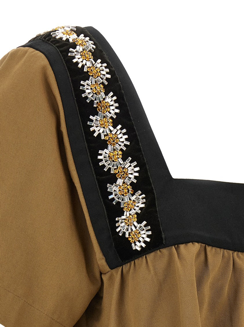 Prada Flared Cotton Gabardine Top With Geometric Neckline And Crystal Embellishments