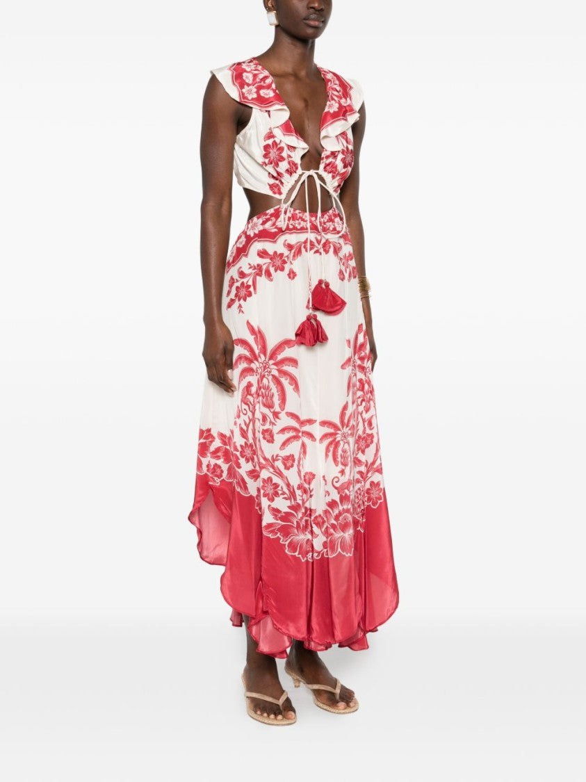 Farm Rio Red Botanical Motif Viscose Midi Dress