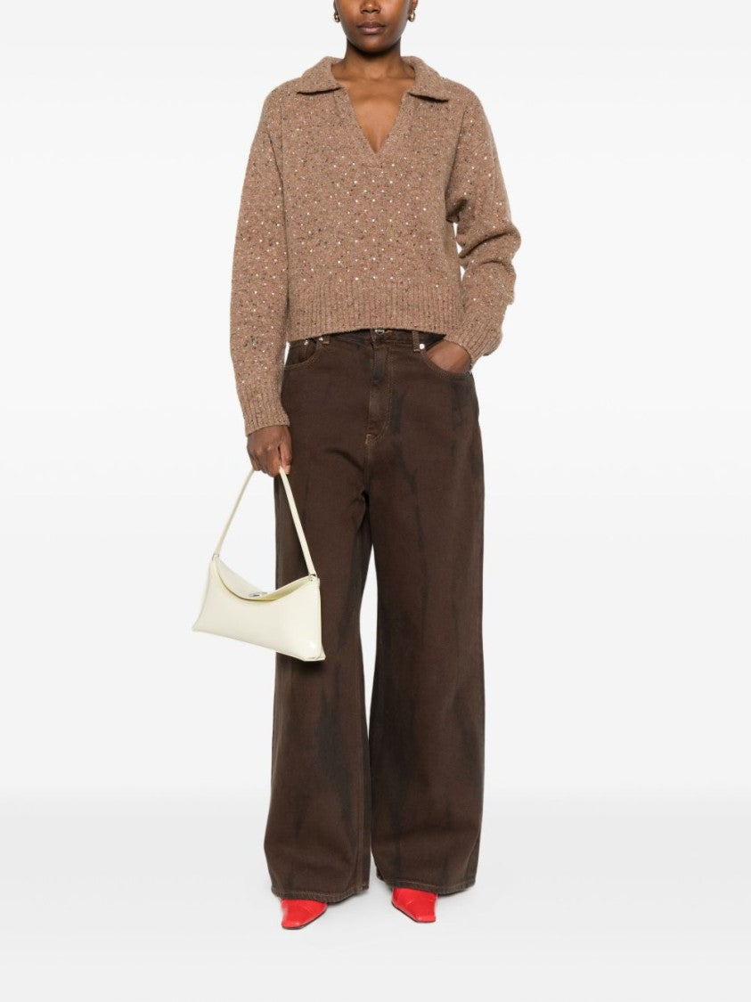 Pinko Camel Knit Top With Deep V-Neckline