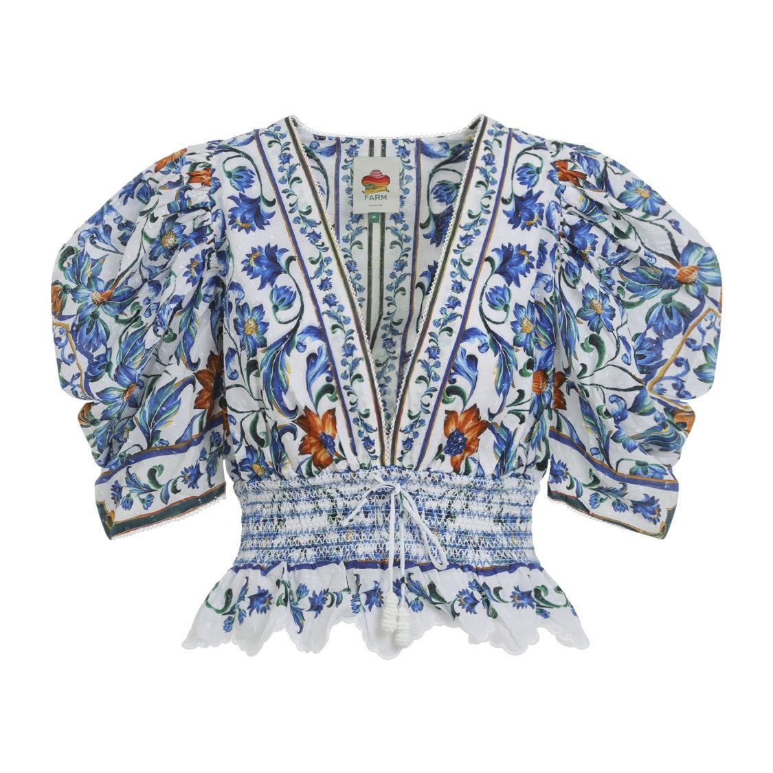 Farm Rio Floral-Pattern Cotton Blouse With Puff Sleeves