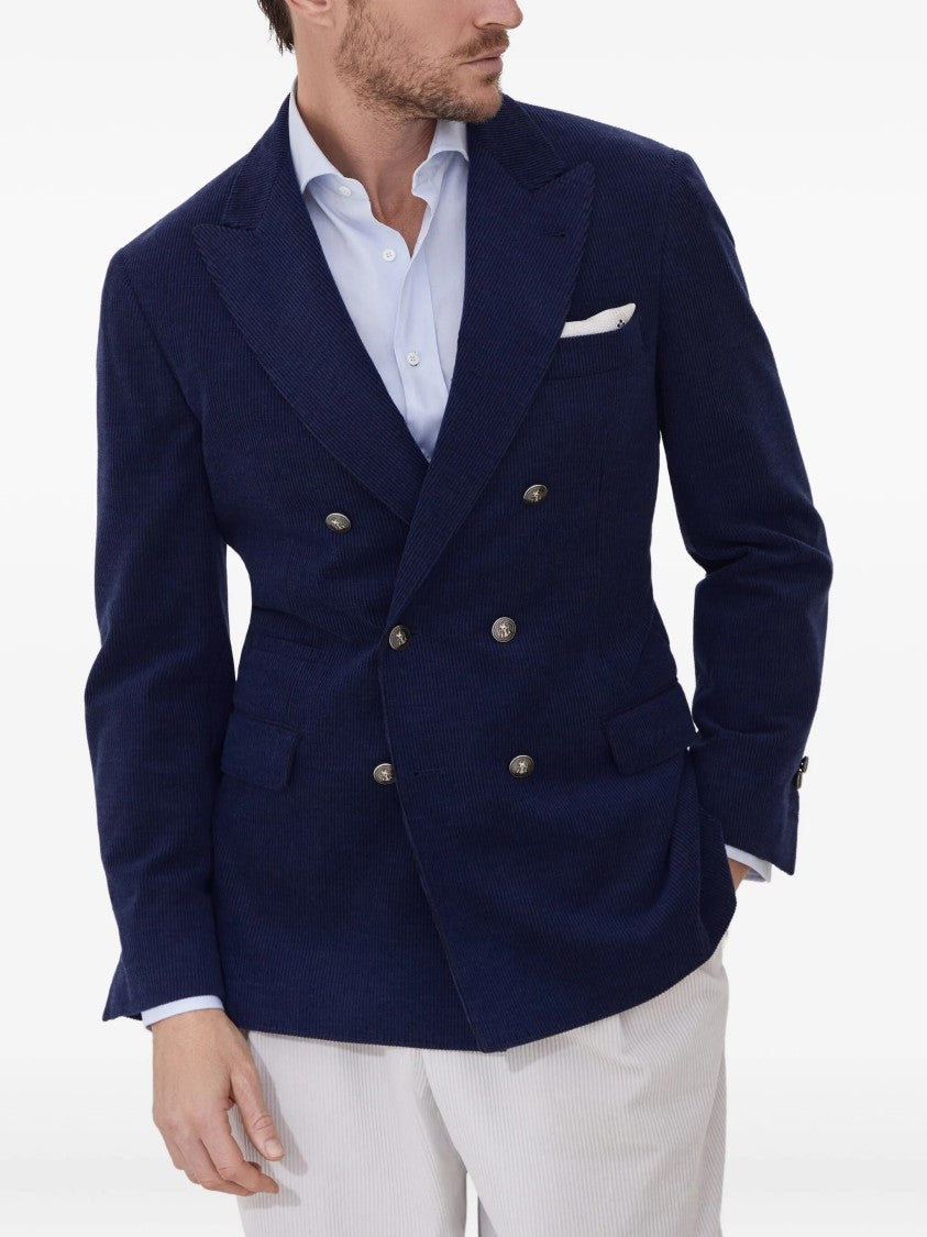 Brunello Cucinelli Double-Breasted Navy Blue Corduroy Blazer