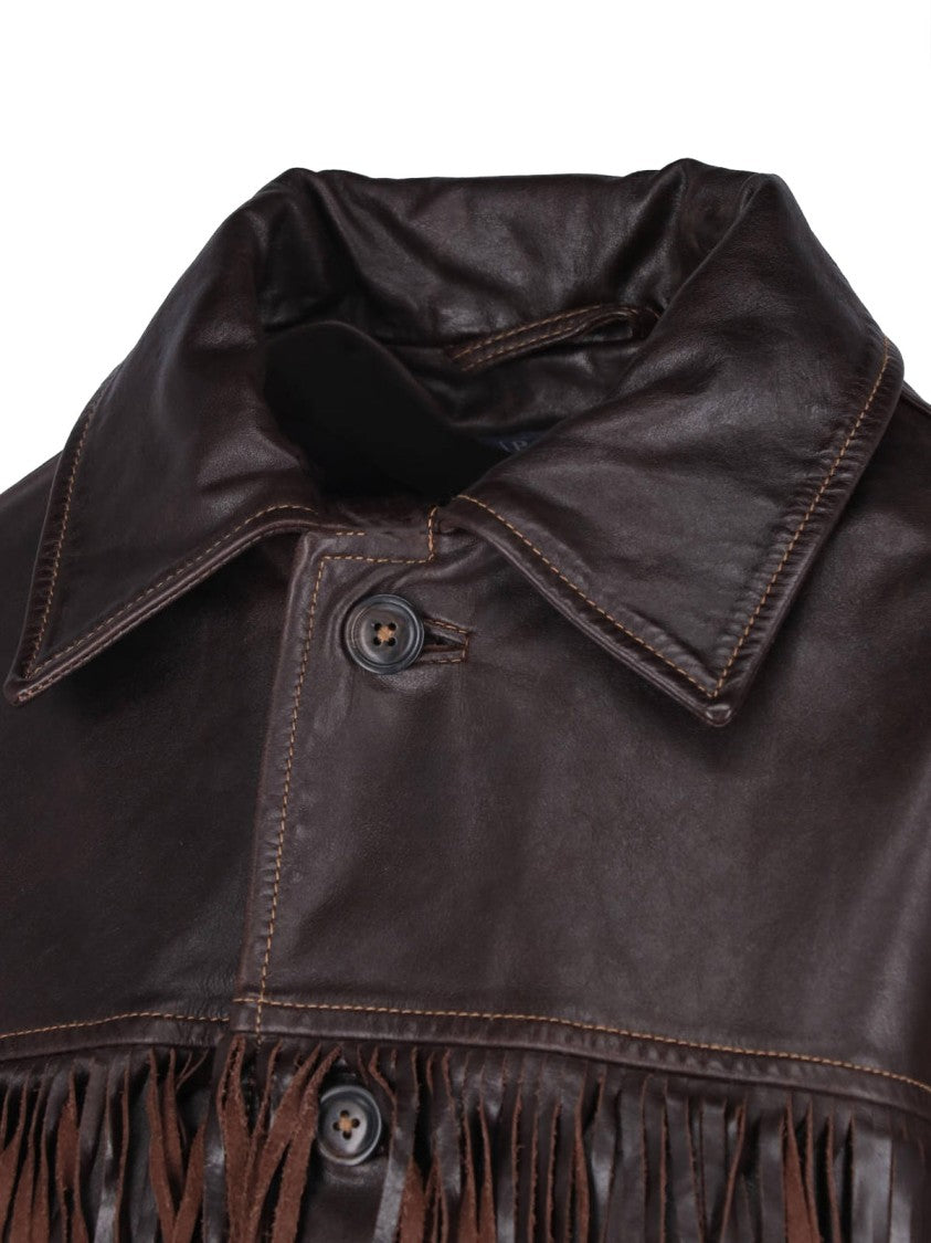 Polo Ralph Lauren Fringed Brown Leather Jacket With Classic Collar