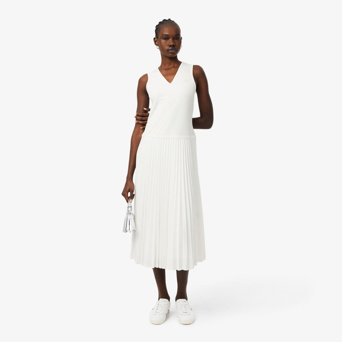 Lacoste White V-Neck Pleated Midi Dress